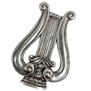 VTG Lyre Harp Brooch Signed Seagull Pewter Musical Pin Canada Neoclassical 1988